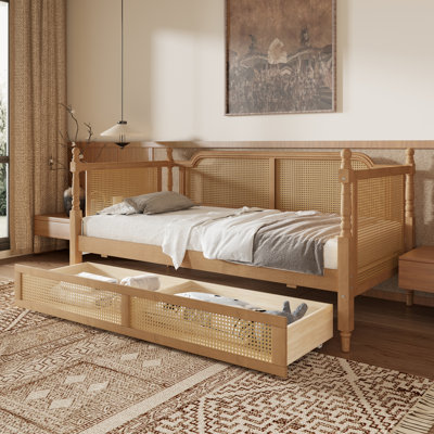 Twin Size Rattan Style Bed Frame with 2 Spacious Drawers, Durable and Timeless Elegance for Any Bedroom