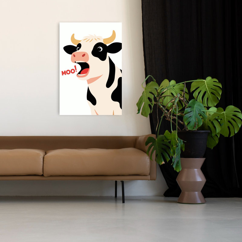 Vache drôle et meuglante - Illustration abstraite contemporaine représentant une vache dans un paysage naturel, 48" H x 32" W
