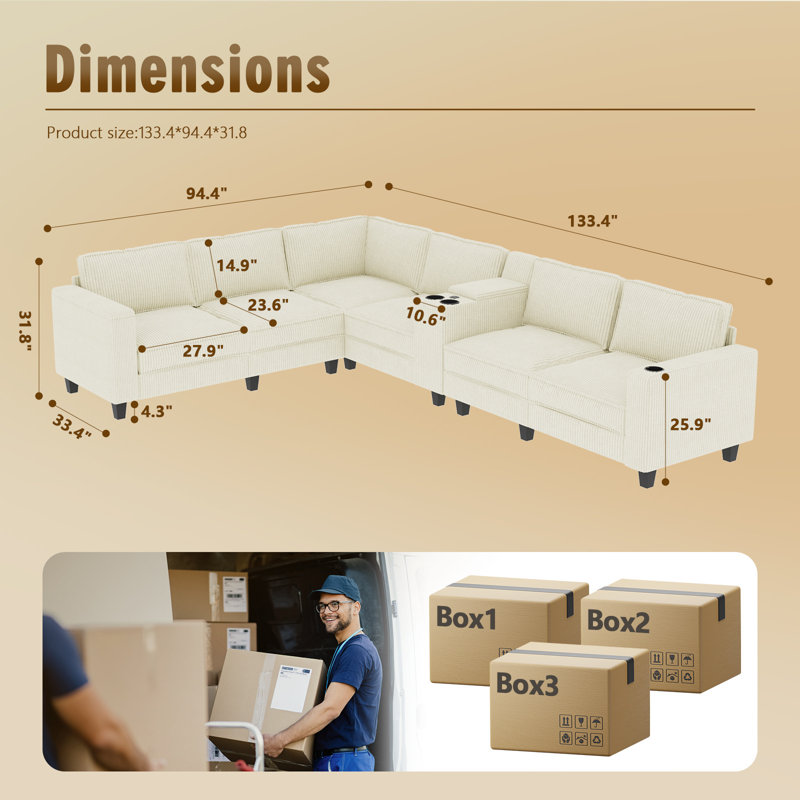 133" L-Shaped 6-Seater Corduroy Sectional Sofa with Storage Armrests, Center Console & USB Charging, Beige Corduroy