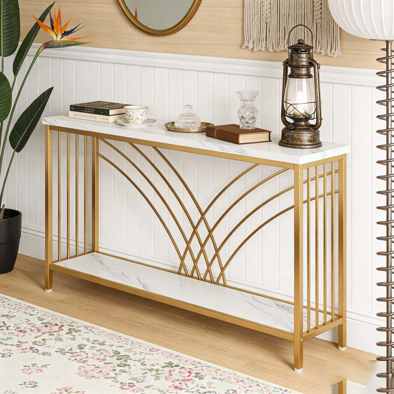 Console de table d'entrée en faux marbre avec 2 tablettes de rangement