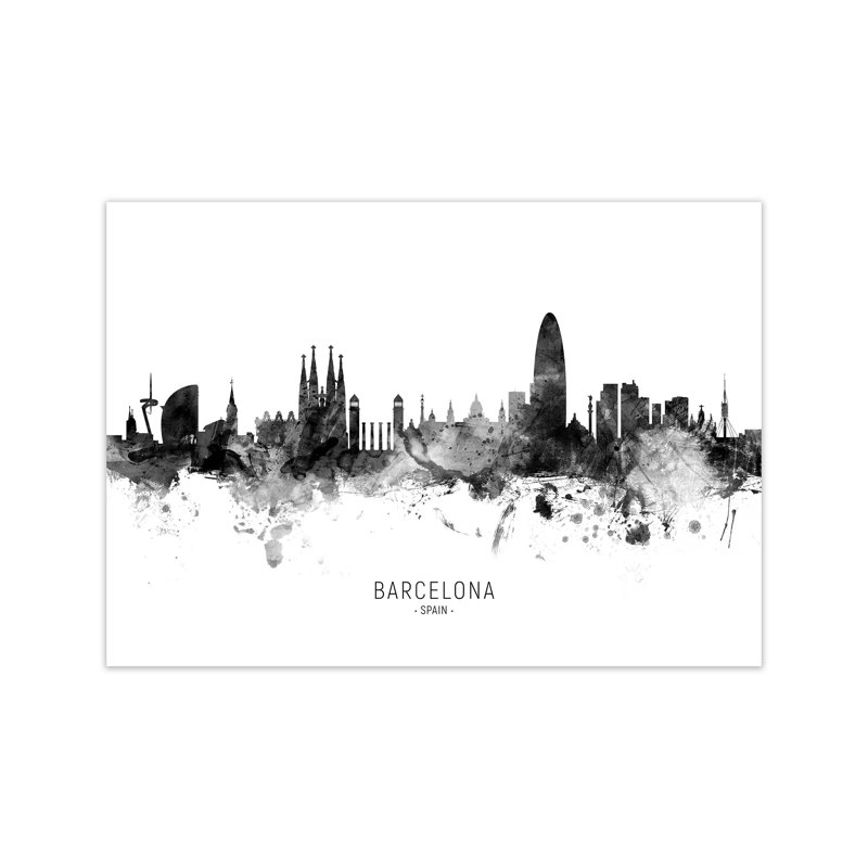 Barcelona Spain Skyline Black White City Name by Michael Tompsett - Print, Unframed, 30cm H x 42cm W x 1cm D