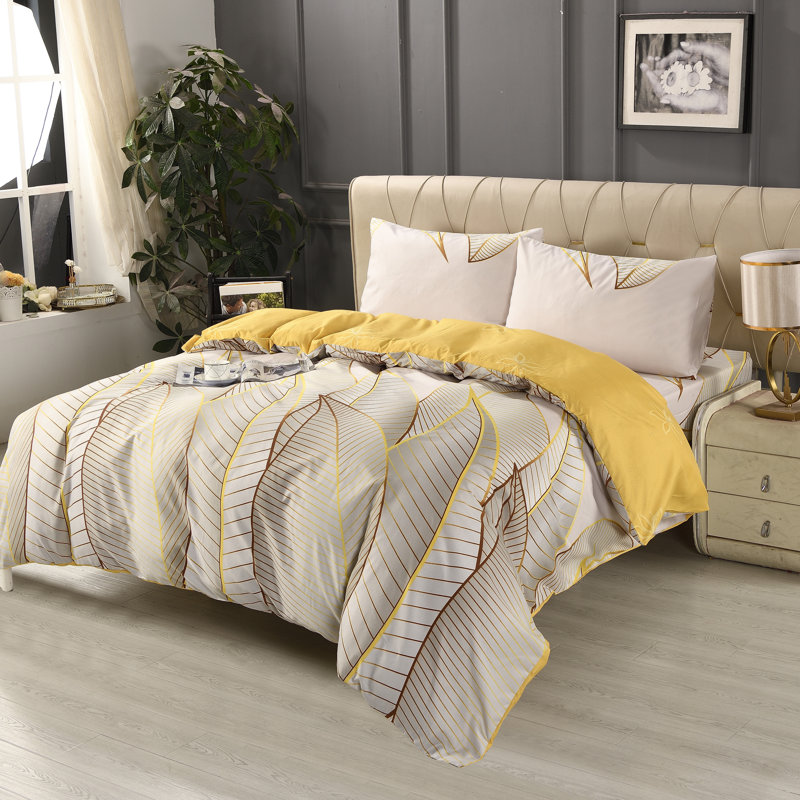 Bliss Complete Bedding Set Leaf Gold Duvet Cover Fitted Sheet With Matching Pillow Case