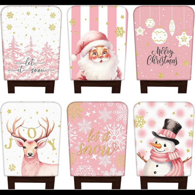 6 Pcs Pink Christmas Snowman Chair Covers Chair Back Covers Xmas Chair Protector Slipcovers Washable Winter Dining Room Seat Covers For Home Hotel Kitchen Decorations
