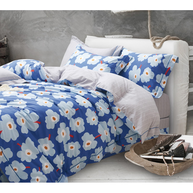 Cotton Box Stitch Floral Comforter, Queen Comforter + 2 Shams, Blue