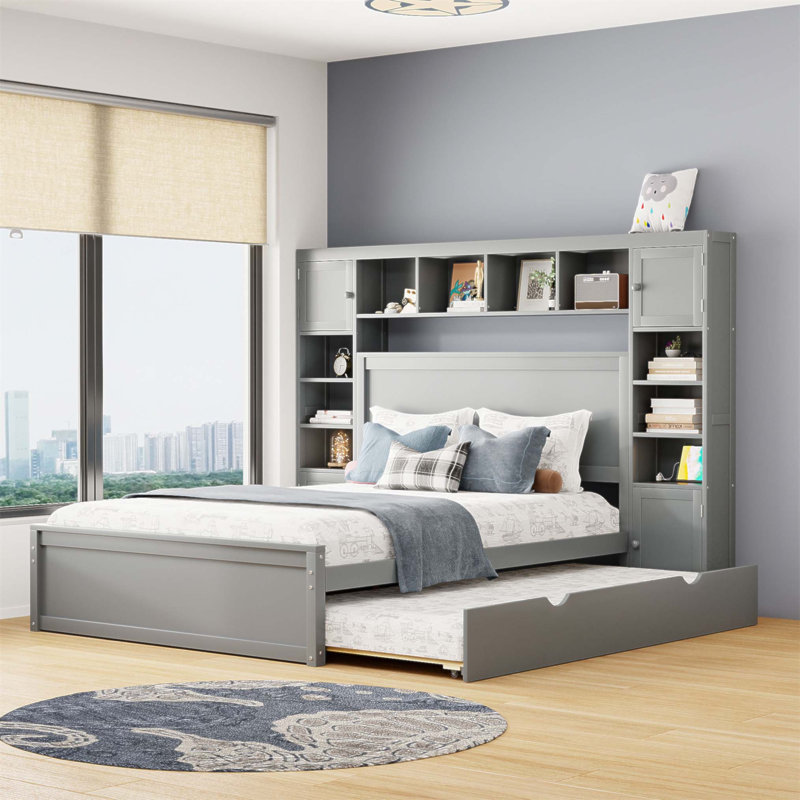 Lit en bois avec armoire tout-en-un, tablette, douilles et lit gigogne très pratique, Grey