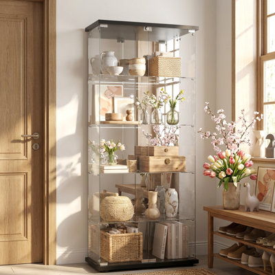 Razuri Tempered Glass Display Cabinet with Mirrored Back Panel, 5-Shelf Curio Cabinet with 2 Door