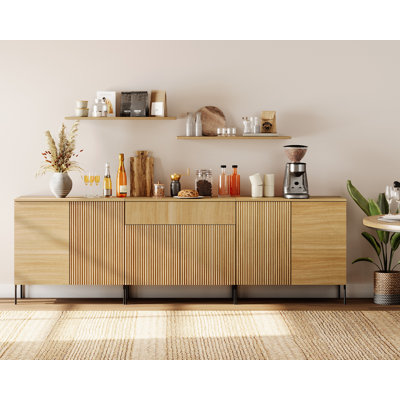 94.5" Modern Reeded 6-Door Sideboard With Drawers, 3-In-1 Wooden Credenza Storage Cabinet For Kitchen, Dining Room