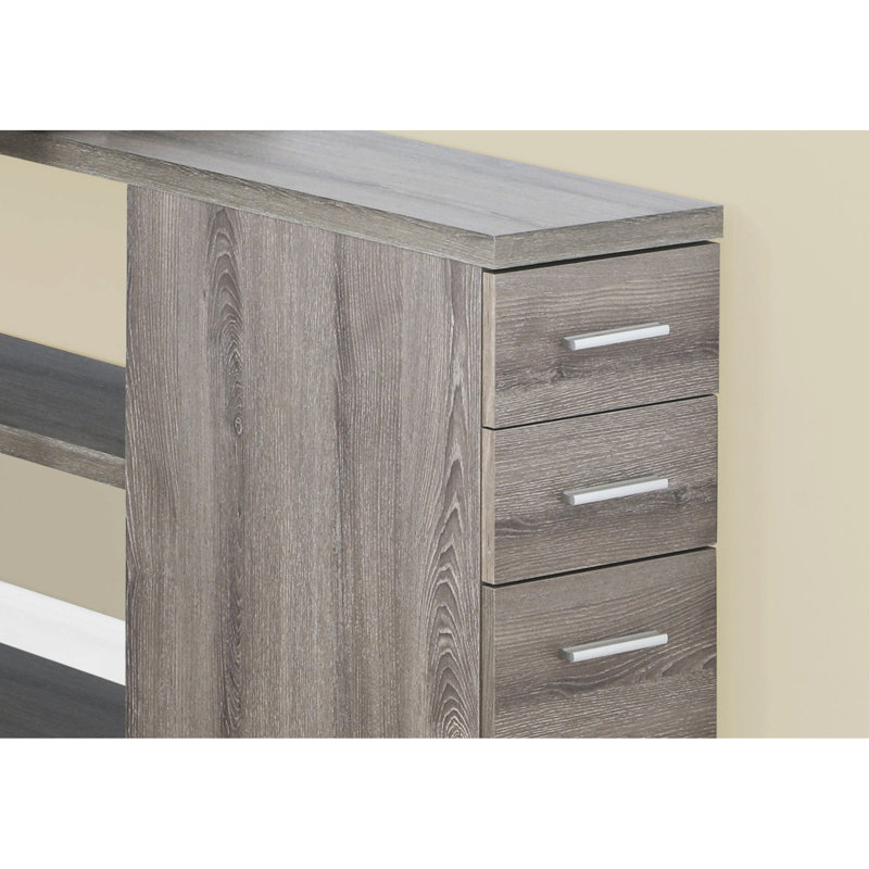 Bureau d'ordinateur en forme de L dans un bureau personnel, sections de rangement, stratifié brun, métal gris contemporain avec forme, tiroirs, pour le travail de bureau, stratifié et finition