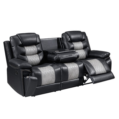Canapé Asher, deux fauteuils inclinables manuels, plateau rabattable, porte-gobelets, gris noir