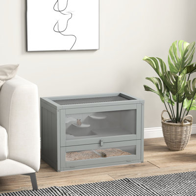 Gray Small Animal Cage. 2-Level Hamster House Made Of Fir Wood. Openable Roof, Front Door, Shelf, . For Hamsters, Mice, , Chinchillas, Guinea Pigs. Spacious And Ventilated Interior. Easy To Assemble