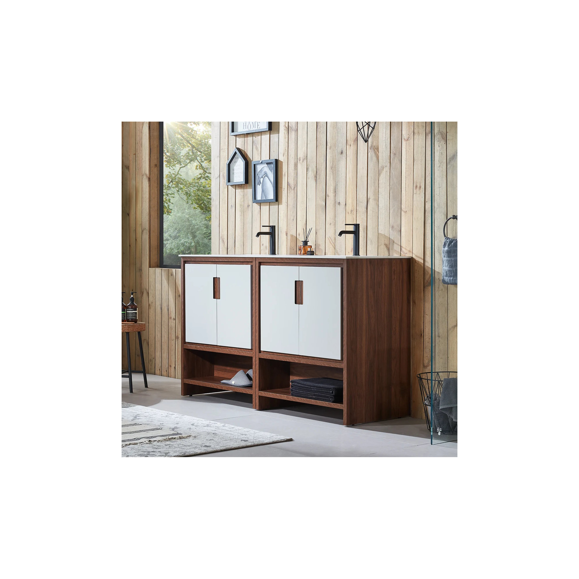 Tomesia 60" Veneer Plywood Bathroom Vanity with Engineered Stone Top, White, Beige/Walnut