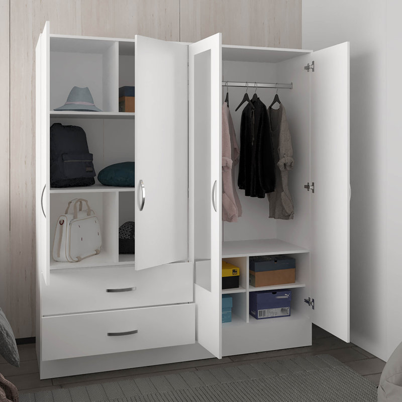 Armoire, six tablettes, deux armoires à deux portes, deux miroirs, deux tiroirs