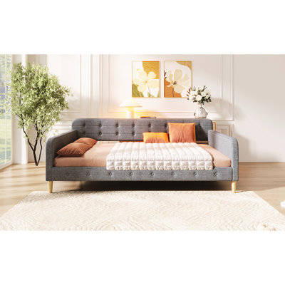 Gray Upholstered Queen Daybed, Modern Look, 4 Legs, Solid And Pine, Linen Upholstery, Easy To Install Size Daybed With Support Design, Pine Wood Frame, Fabric, Comfortable Seating Sleeping, Assemble,