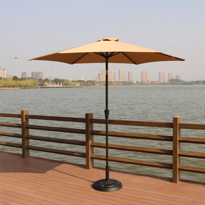 Parasol d'extérieur en aluminium de 8,8 pieds, parasol de marché, parasol de marché avec base ronde en résine de 33 livres, inclinaison à bouton-poussoir et manivelle (parasol de patio)