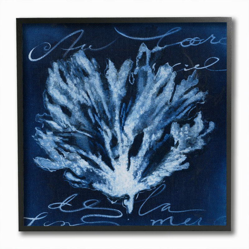 «Abstract Design Coral Script Nautical Blue White» par Liz Jardine - impression d'art graphique, Giclée encadrée noir minuit