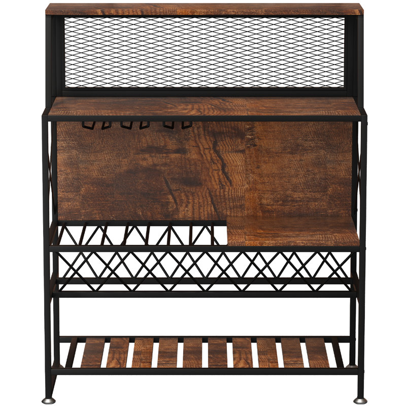 Rustic Brown Industrial Wine Rack Bar Table with Glass Holder