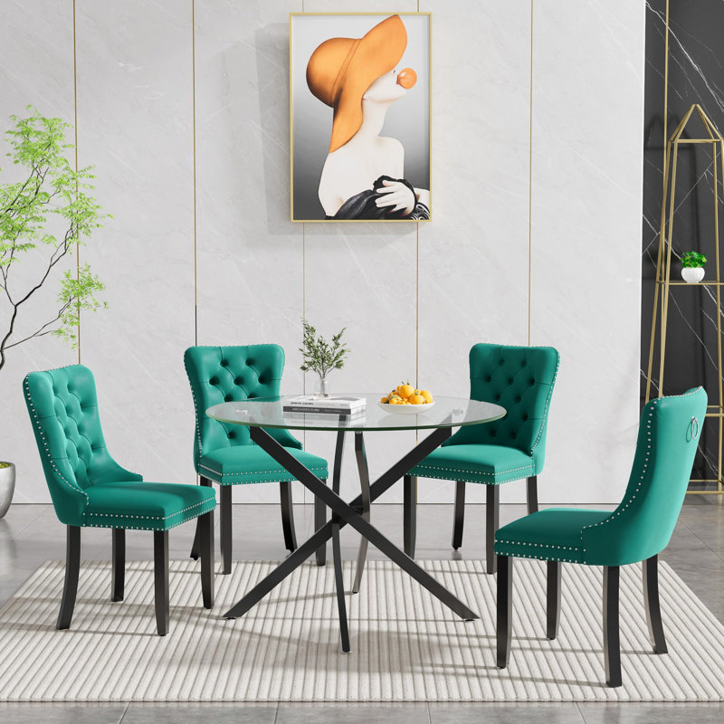 Ensemble de table à manger ronde 5 pièces pour 4 personnes, table de cuisine ronde en verre de 91 cm avec base en métal en forme de X et 4 chaises capitonnées en velours (ensemble de 5)