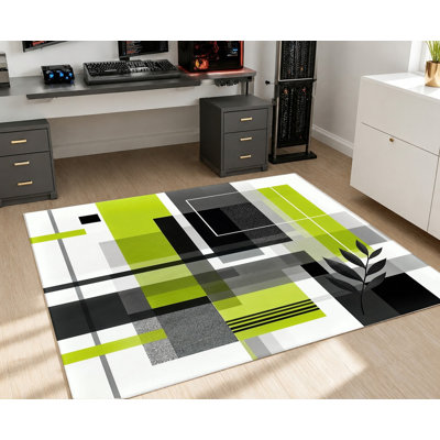 Tapis géométrique moderne, motif abstrait vert lime noir et blanc, antidérapant, décoration intérieure artistique pour salon, chambre, bureau, appartement, chambre d'étudiant