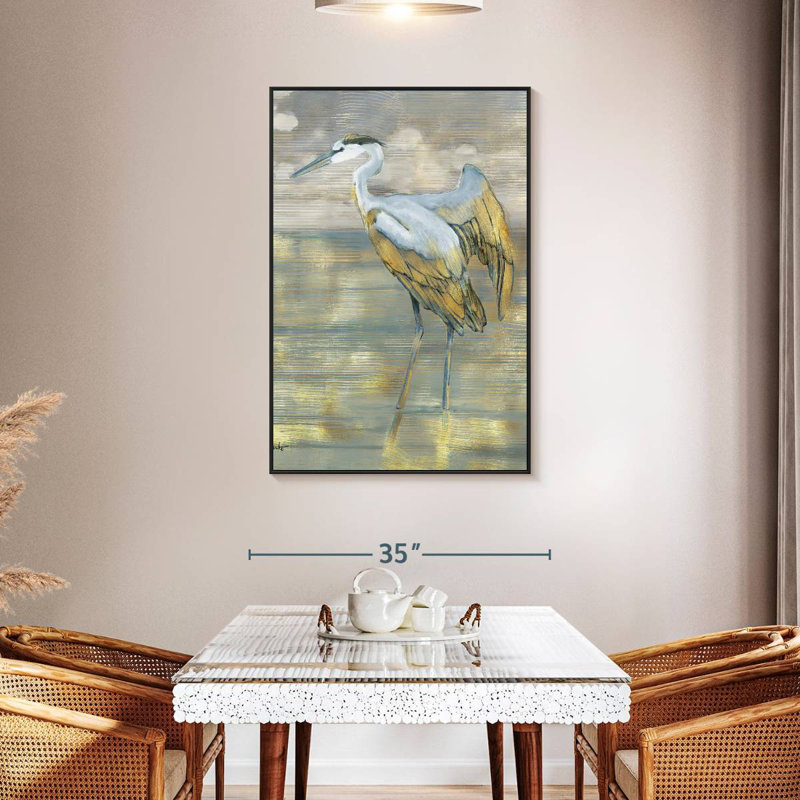 Héron bleu doré, 31 po x 46 po, Cadre flottant noir