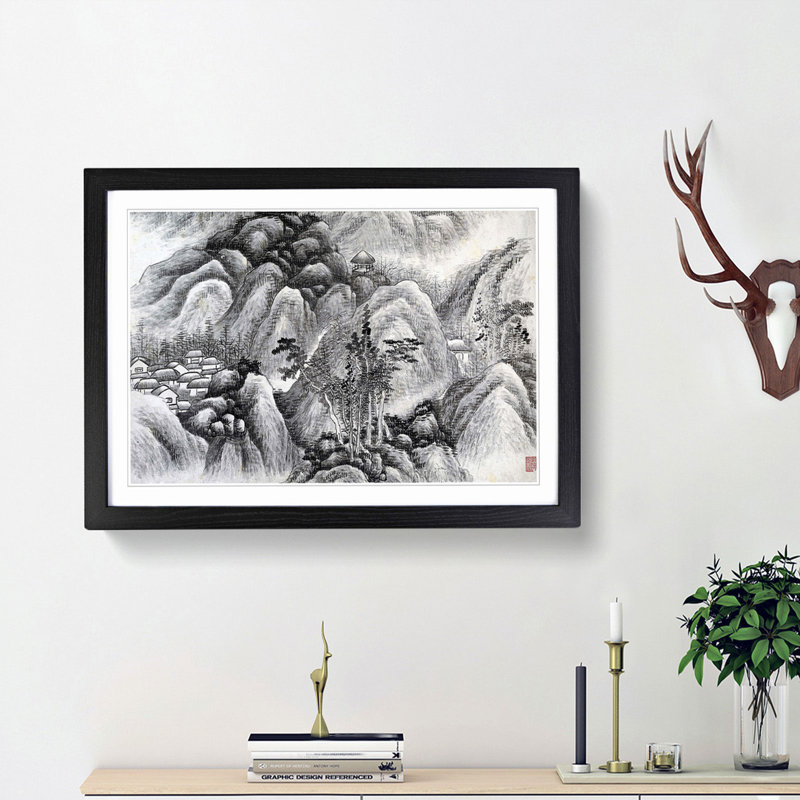 Landscape Vol.7 by Gong Xian - Picture Frame Drawing Print, Black Framed, 27cm H x 36cm W x 2cm D