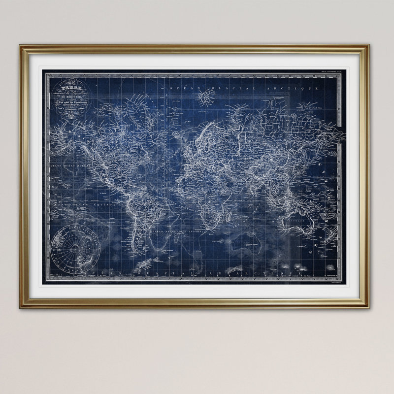 «Vintage World Map V», impression, Cadre doré, H 31 po x l 43 po x P 1,5 po