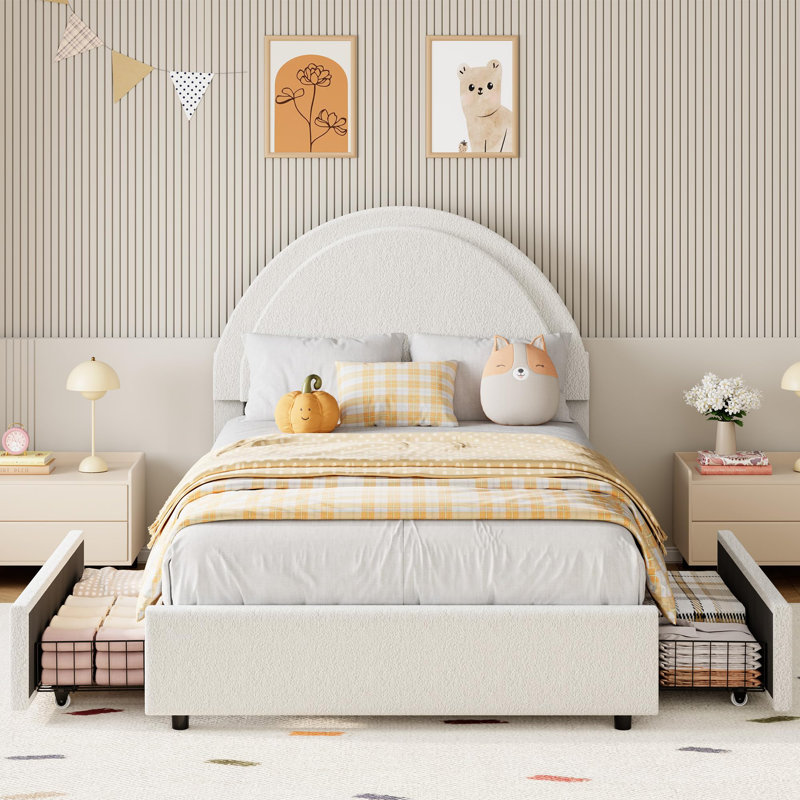 Base de lit simple avec lit à deux places avec tête de lit ronde et 2 tiroirs de rangement, lattes en bois, silencieux, sans sommier tapissier, blanc