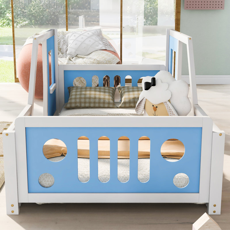 Lit plateforme classique avec roulettes en forme de voiture, Bleu, Lit simple