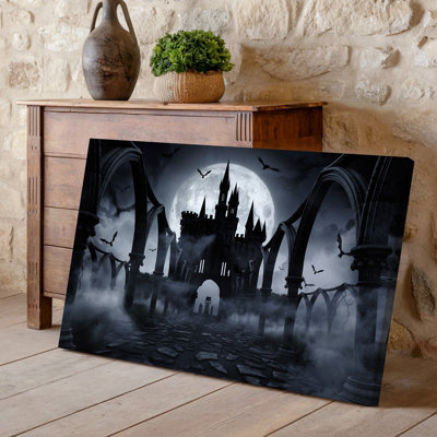 Toile, art mural monochromatique dramatique dramatique avec un château impressionnant délabré représentant une grande toile murale lumineuse