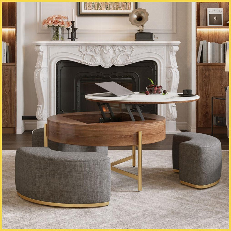 Table basse moderne à plateau relevable avec plateau en pierre frittée, repose-pieds peu encombrant et amp; Rangement caché