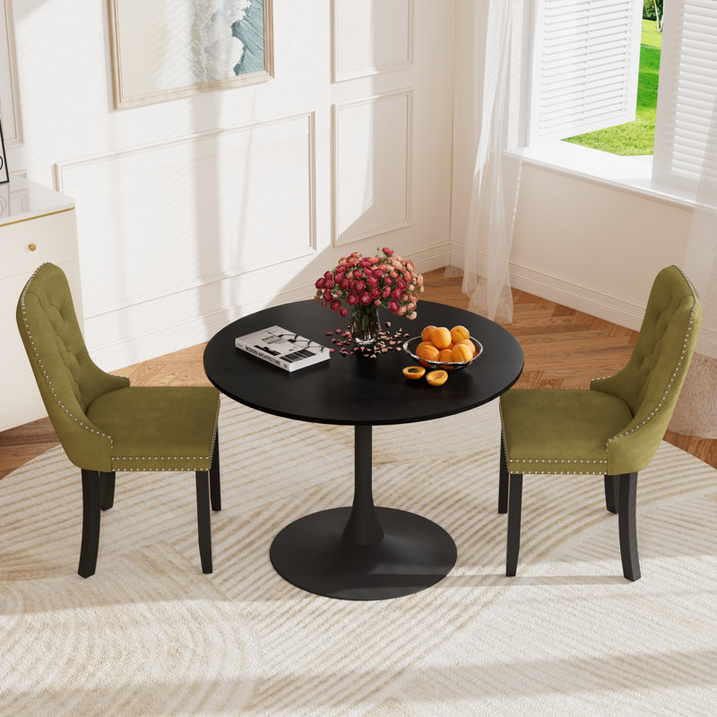 Round Pedestal Dining Set with 2 chairs, Black/Black, Oliver Green