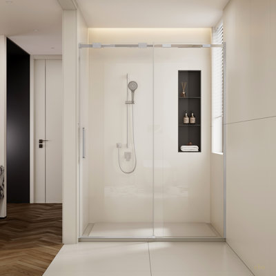 Porte de douche coulissante simple de 56 à 60 po x H 74 po à demi-cadre, acier inoxydable 304, verre trempé clair de 5/16 po (8 mm) de type GSC, poulie anti-déraillement de rail de guidage de type C