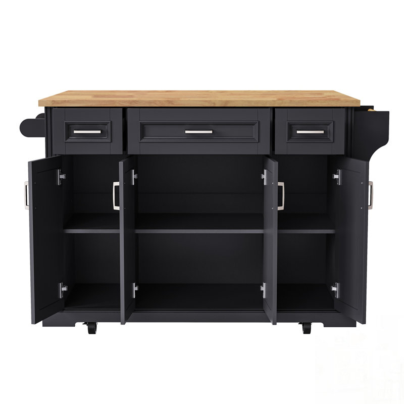 Grand îlot de cuisine avec abattant en bois d'hévéa, chariot roulant texturé en relief sur 4 roues, grand espace de rangement pour les cuisines modernes
