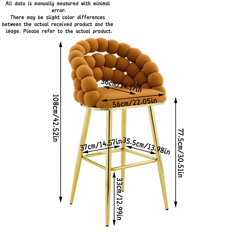 Ensemble de 2 tabourets de bar en velours avec pattes dorées et chaises capitonnées modernes pour îlot de cuisine et bar
