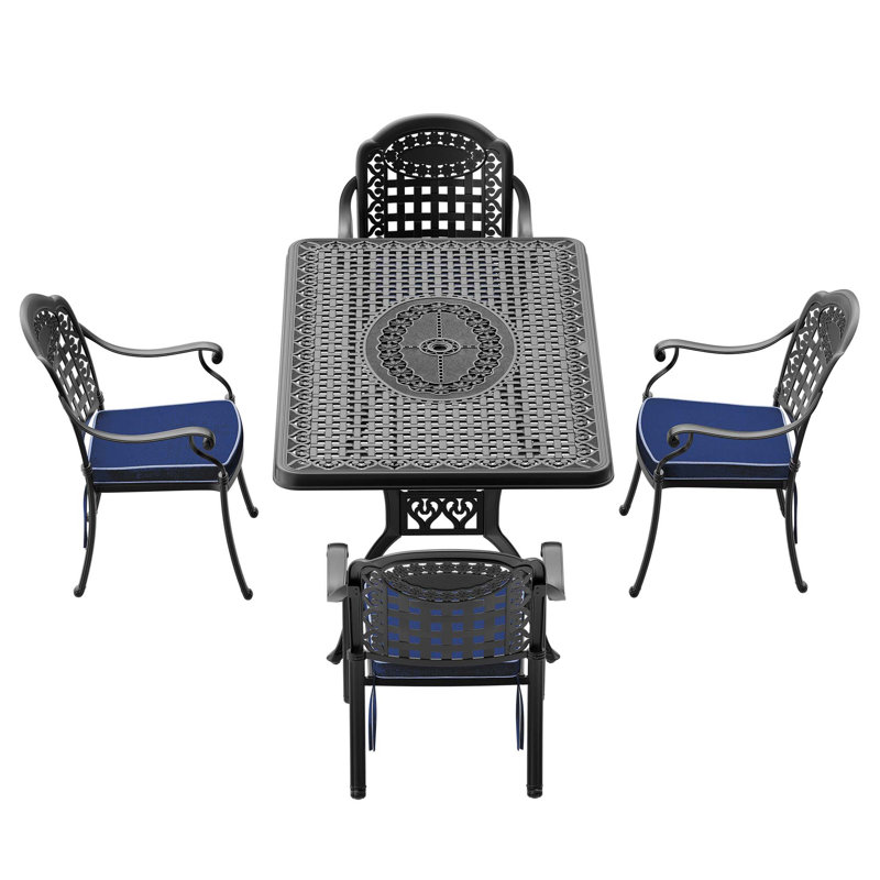 5-Piece Set Of Cast Aluminum Patio Furniture With Black Frame And Blue Cushions(Same Sku:W1710S00099), 4
