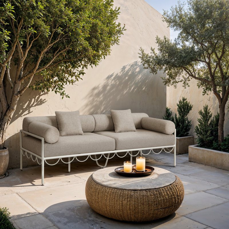 Portofino 85.75" Resilient Water Repellent Fabric Upholstered Outdoor Patio Sofa, Beige, White