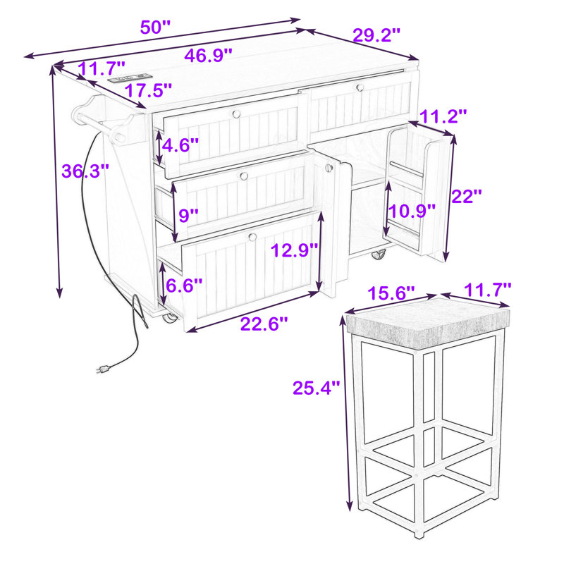 Ensemble d'îlot de cuisine en bois 3 pièces Nel, îlot de cuisine avec abattant, armoire de rangement et 2 tabourets Nels