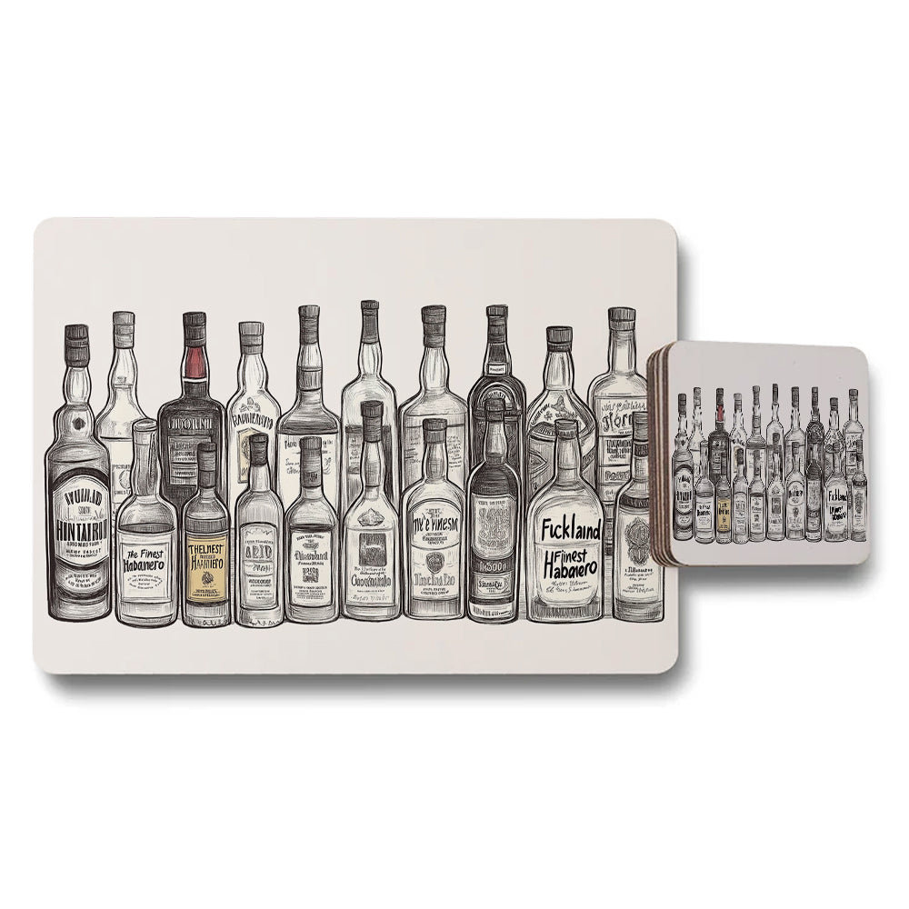 Bottle Illustration Placemats And Coaster Set For Dining Table