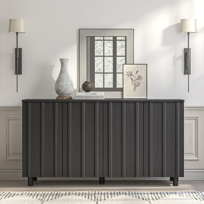 59" Fluted Sideboard With Storage, Large Buffet Cabinet With 4 Doors For Kitchen And Living Room, Charcoal Gray