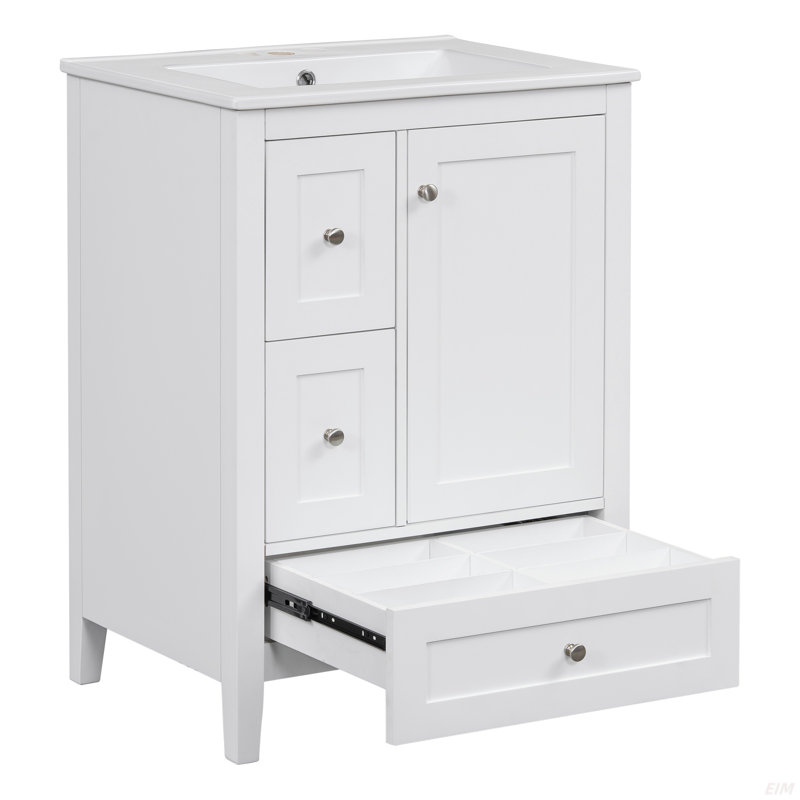 24-Inch Bathroom Vanity With Storage, Adjustable Shelf, MDF & Rubberwood, Removable Dividers, White