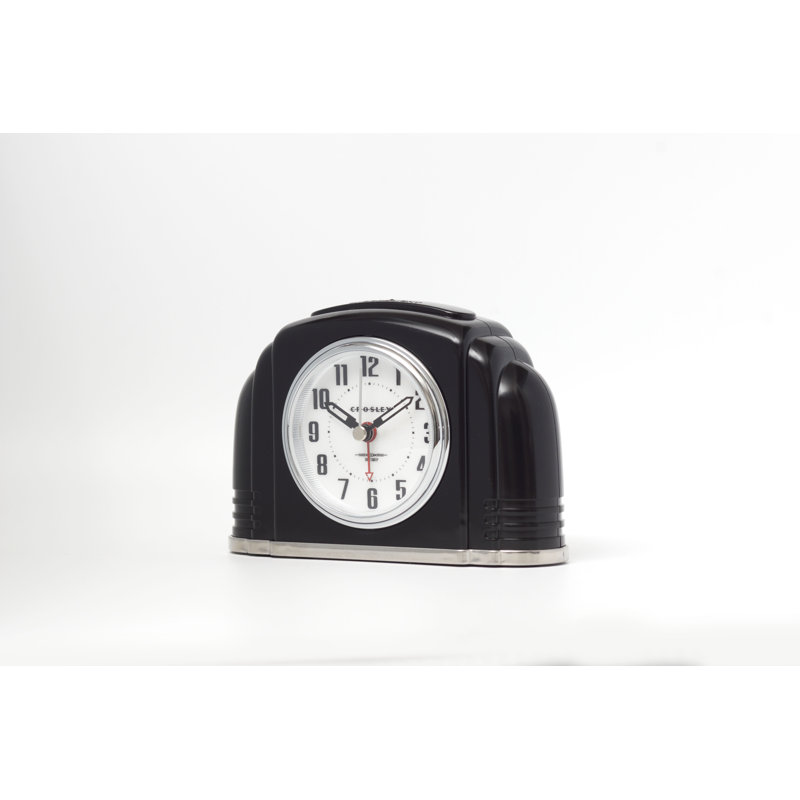 Black Art Deco Metal Analog Alarm Clock with Ivory Dial