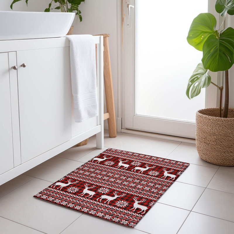 Machine Washable Indoor/Outdoor Christmas Reindeers Xhevrie Red Rug, Rectangle 1'8" x 2'6"