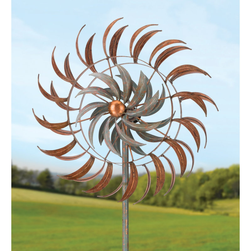 75" Metal Outdoor Garden Wind Spinner with Powder Coated Finish and Five Prong Ground Stake - Copper Petals, Copper Petals