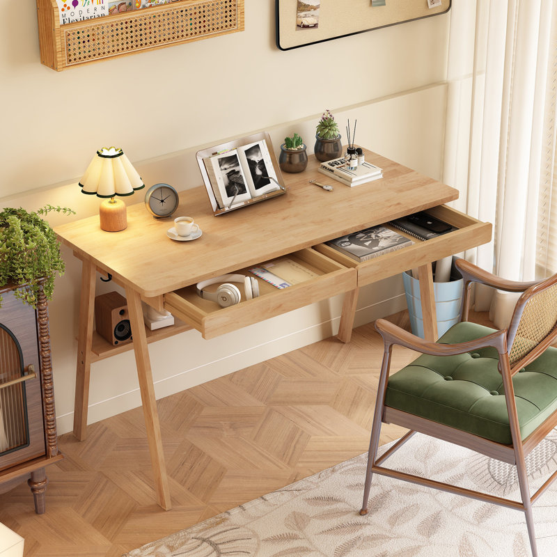100% Solid Wood Desk With Drawers - Mid Century Modern Desks With Drawers & Storage Shelf, Small Writing Desk For Small Spaces, Home Office Desks For Bedroom & Home, Walnut Color