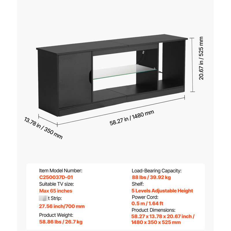 Meuble télé 65 po, tablette en verre, meuble audio-vidéo moderne, design minimaliste, tablettes réglables, éclairage multimode, expérience immersive audiovisuelle