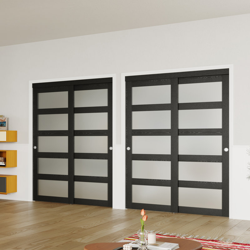 Porte coulissante - Porte intérieure en panneau de fibres à densité moyenne noire en verre givré 5 Lite avec poignées intégrées et quincaillerie coulissante en aluminium lisse
