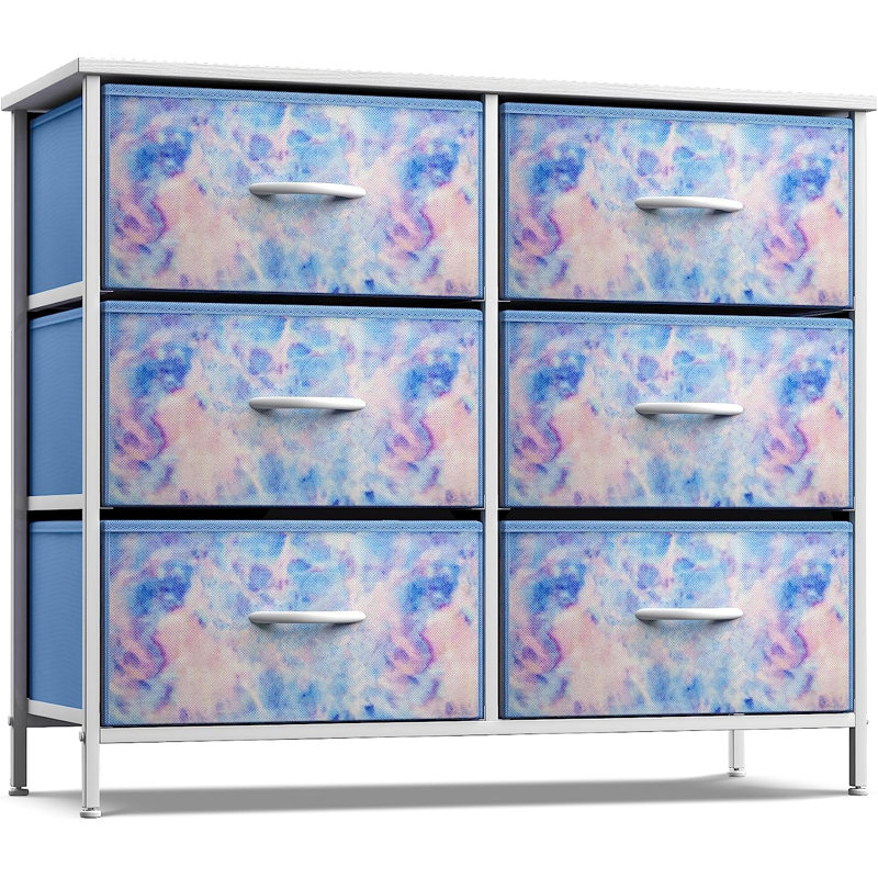  Sorbus 6 Drawers Dresser with Steel Frame, Wood Top, Fabric Bins in Tie Dye Blue