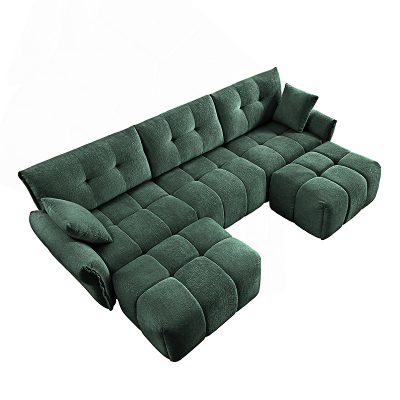 Ensemble de canapé 3 places avec repose-pieds et coussins décoratifs, Chenille verte