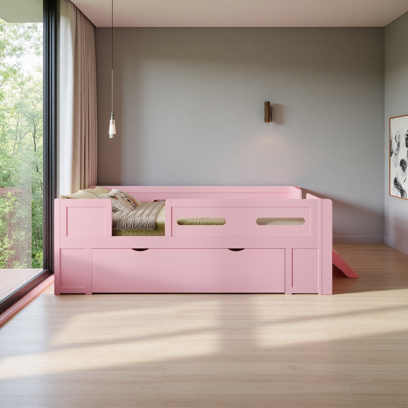 Lit plateforme en bois avec garde-corps et tiroir, Full, Pink