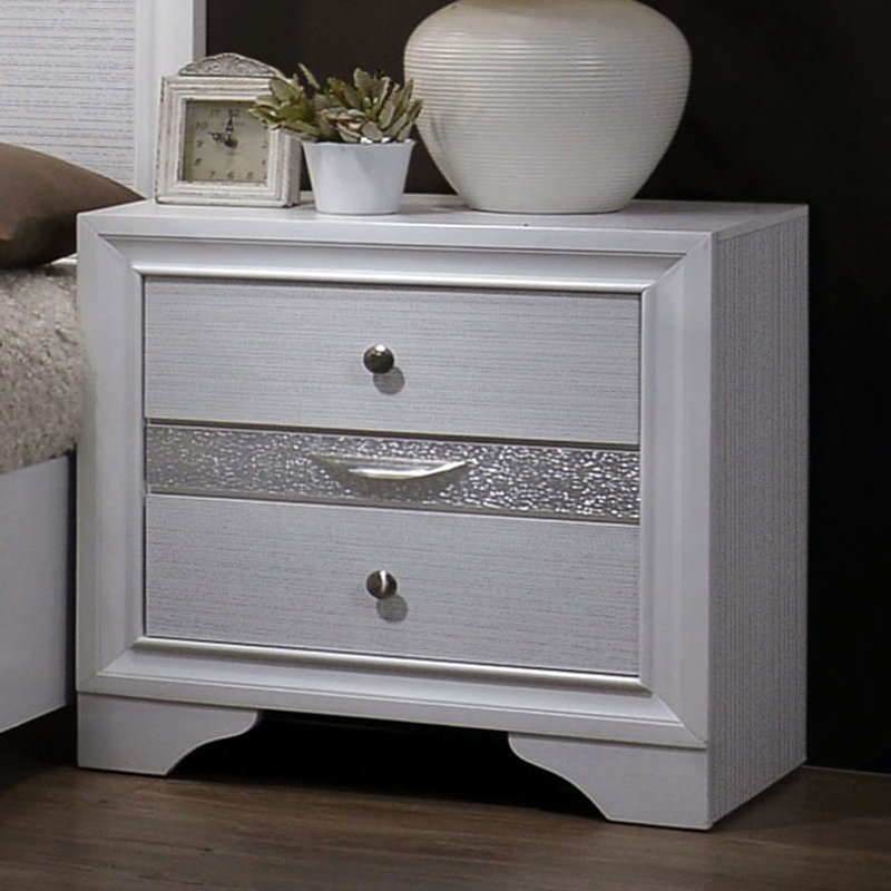Table de chevet 3 tiroirs blanche - Mobilier de chambre à coucher moderne avec espace caché pour bijoux avec compartiment et décorations argentées