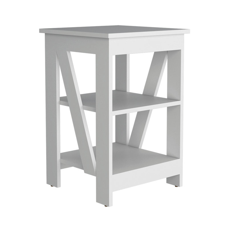 3-Tier End Table/Nightstand, Side Table For Small Space, White, White